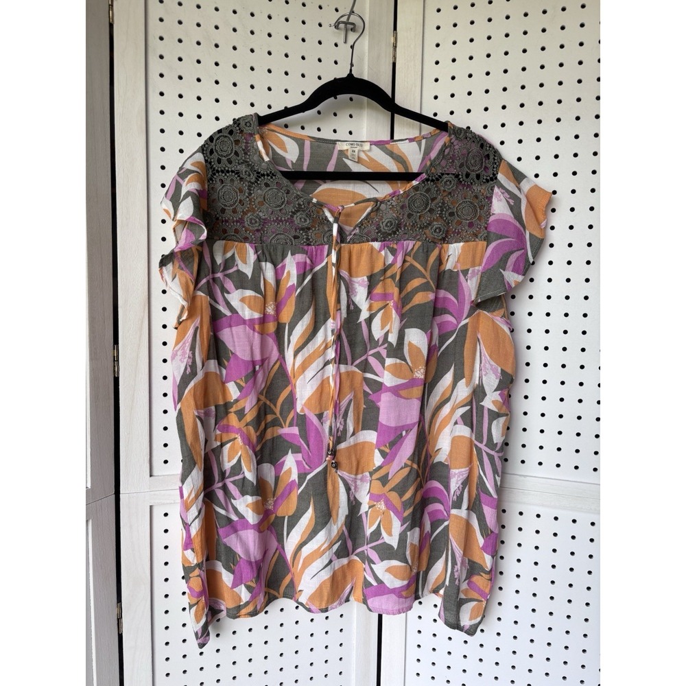 Como Blu Women's 2X Floral Tropical Short SLV Eyelet Blouse Rayon Poly Boho